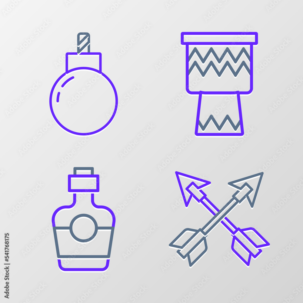 Set line Crossed arrows, Tequila bottle, Drum and Bomb ready to explode icon. Vector