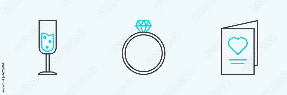 Set line Valentines day party flyer with heart, Glass of champagne and Diamond engagement ring icon. Vector Set line Valentines day party flyer with heart, Glass of champagne and Diamond engagement ring icon. Vector