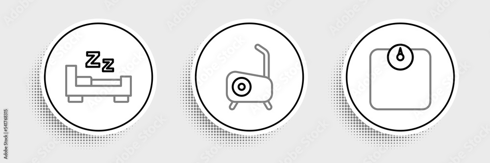 Set line Bathroom scales, Time to sleep and Stationary bicycle icon. Vector Set line Bathroom scales, Time to sleep and Stationary bicycle icon. Vector