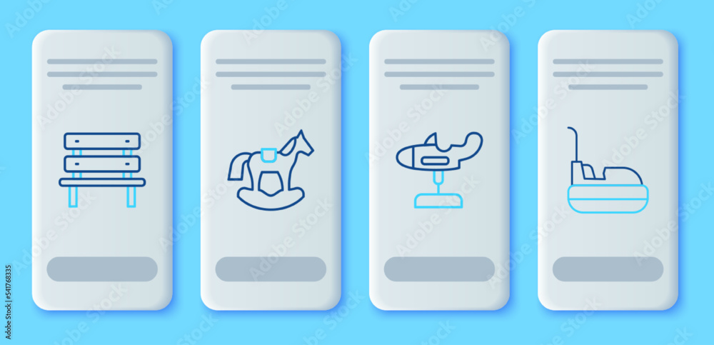 Set line Horse in saddle swing, Swing plane, Bench and Bumper car icon. Vector Set line Horse in saddle swing, Swing plane, Bench and Bumper car icon. Vector
