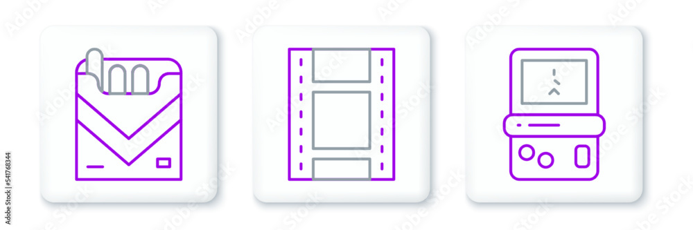 Set line Tetris, Cigarettes pack box and Play Video icon. Vector