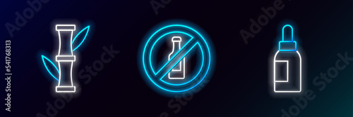 Set line Essential oil bottle, Bamboo and No alcohol icon. Glowing neon. Vector