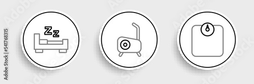 Set line Bathroom scales, Time to sleep and Stationary bicycle icon. Vector