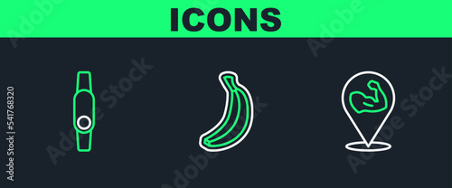 Set line Bodybuilder muscle, Smartwatch and Banana icon. Vector