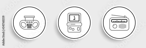 Set line Radio with antenna, Home stereo two speakers and Tetris icon. Vector