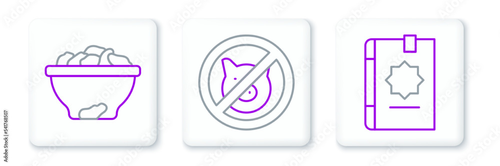 Fototapeta premium Set line Holy book of Koran, Date fruit in bowl and No pig icon. Vector