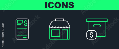 Set line Carton cardboard box with price, Paper or financial check and Market store icon. Vector