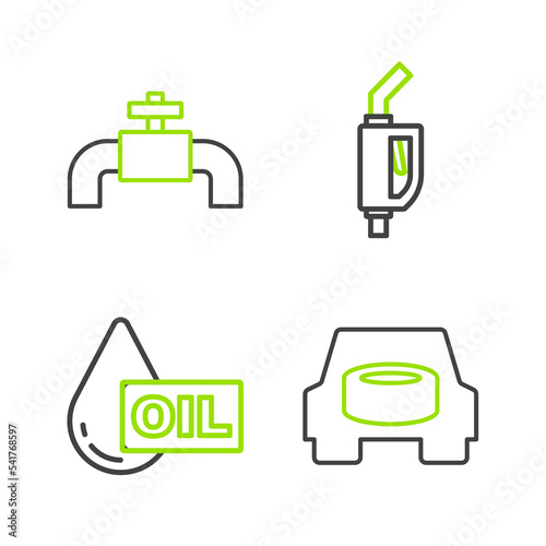 Set line Spare wheel in the car, Oil drop, Gasoline pump nozzle and Metallic pipes and valve icon. Vector