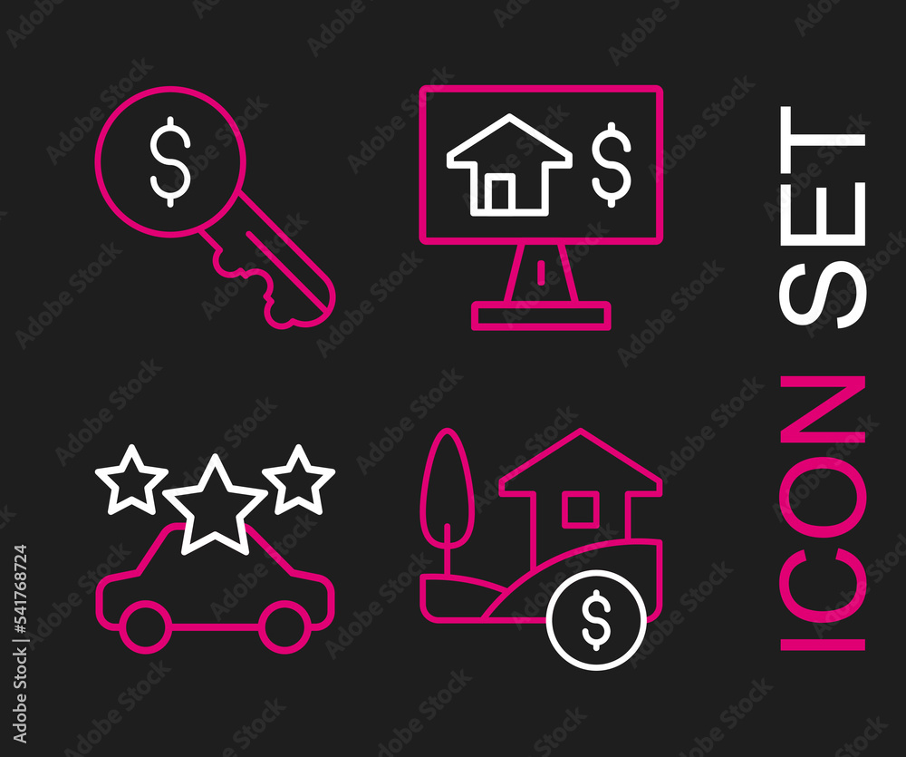 Set line House with dollar, Car sharing, Online real estate and Rent key icon. Vector Set line House with dollar, Car sharing, Online real estate and Rent key icon. Vector