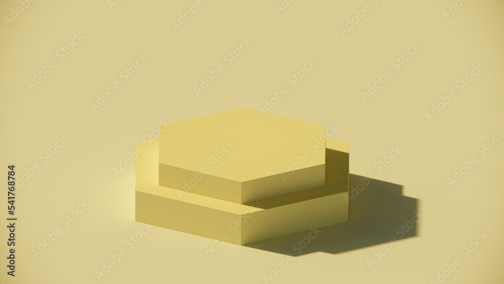 3D hexagon display stands on cream background. 3D render. Design for 3D Mock up product, artwork, background, template, presentation. 3D hexagon display stands on cream background. 3D render. Design for 3D Mock up product, artwork, background, template, presentation.