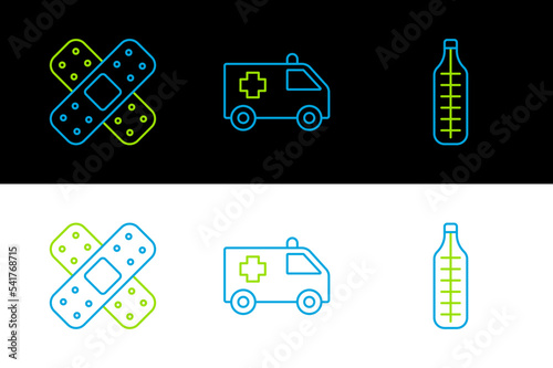 Set line Medical thermometer, Crossed bandage plaster and Ambulance car icon. Vector