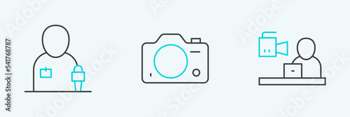 Set line Breaking news, Journalist and Photo camera icon. Vector