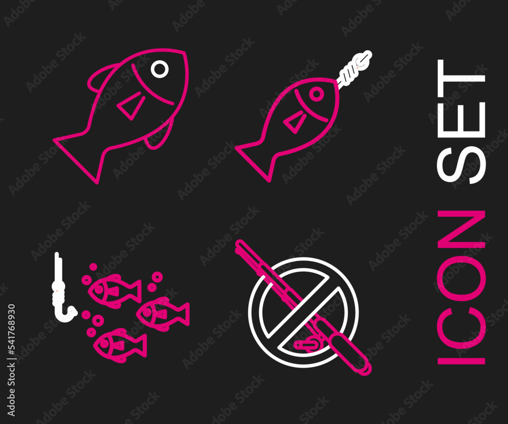 Set line No fishing, Fishing hook under water with, on and icon. Vector