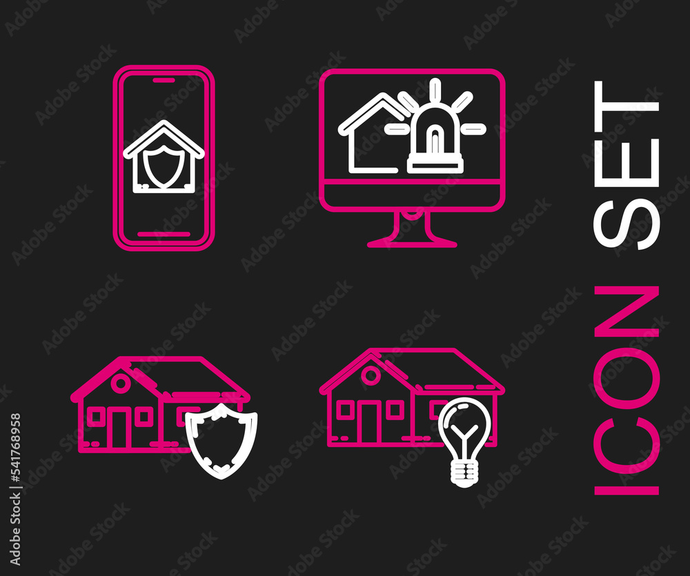 Set line Smart house and light bulb, House under protection, Computer monitor with smart alarm and Mobile phone icon. Vector