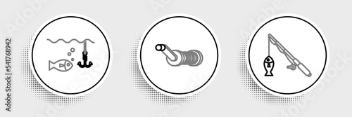 Set line Fishing rod and fish, hook under water with and Spinning reel for fishing icon. Vector