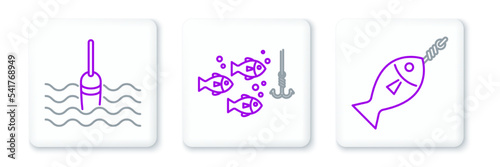 Set line Fish on hook, Fishing float in water and under with fish icon. Vector