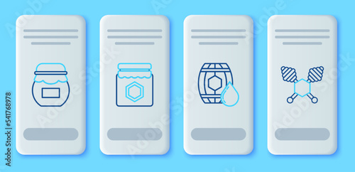 Set line Jar of honey, Wooden barrel with, and Honey dipper stick icon. Vector
