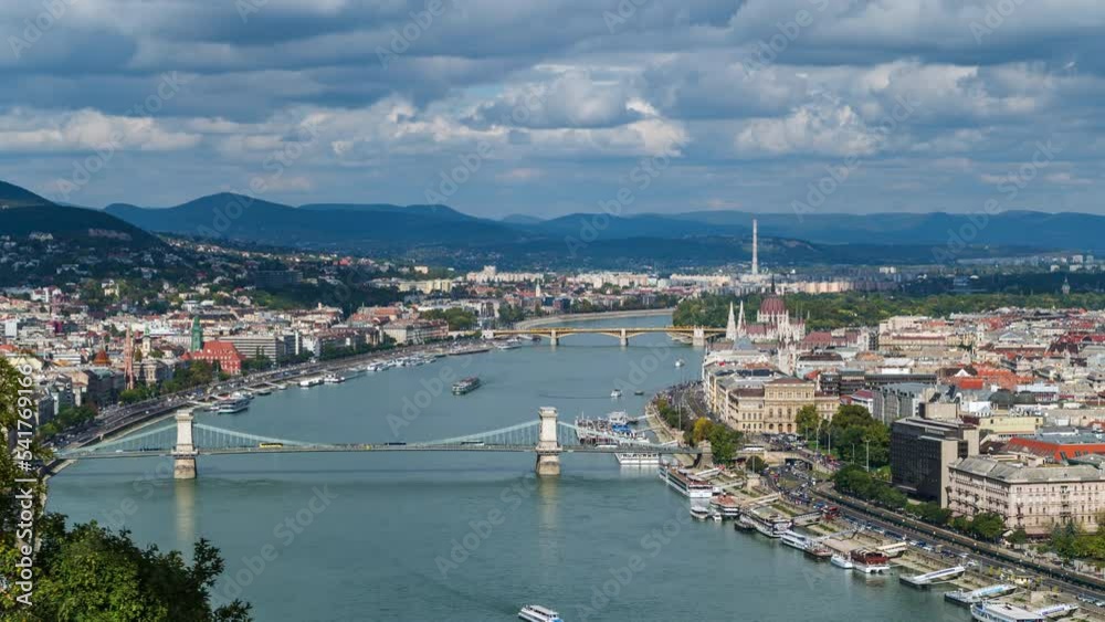 Timelapse view of boats on the Danube River and Budapest cityscape by day during summer in Budapest, Hungary. Timelapse view of boats on the Danube River and Budapest cityscape by day during summer in Budapest, Hungary.