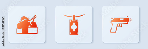 Set Money laundering, Murder and Pistol or gun. White square button. Vector