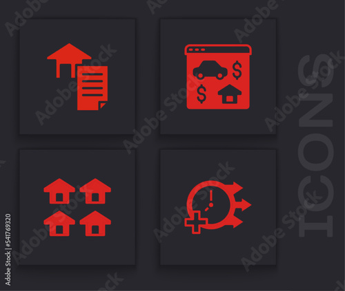 Set Clock, House contract, Online real estate and Real icon. Vector