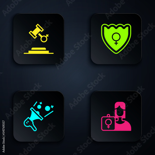 Set Feminist activist, Female rights, and Gender shield,. Black square button. Vector