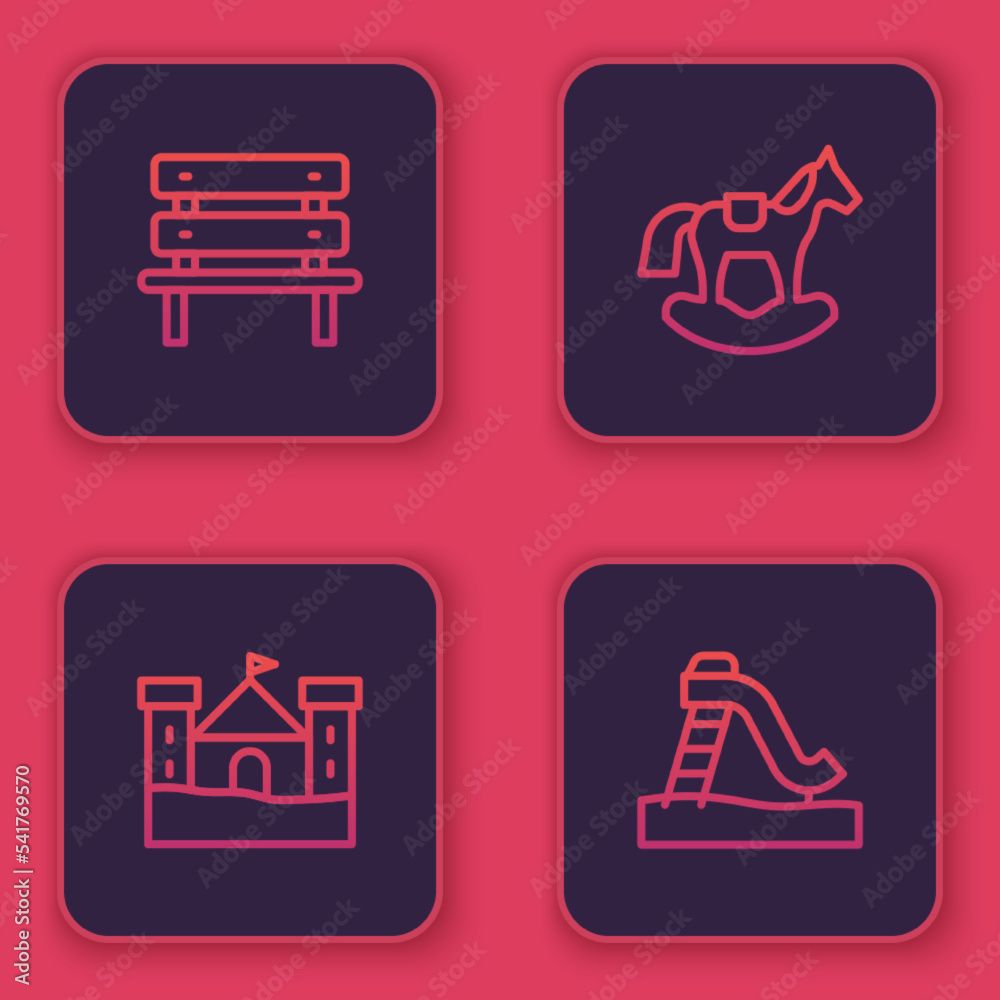 Set line Bench, Sand castle, Horse in saddle swing and Kid slide. Blue square button. Vector