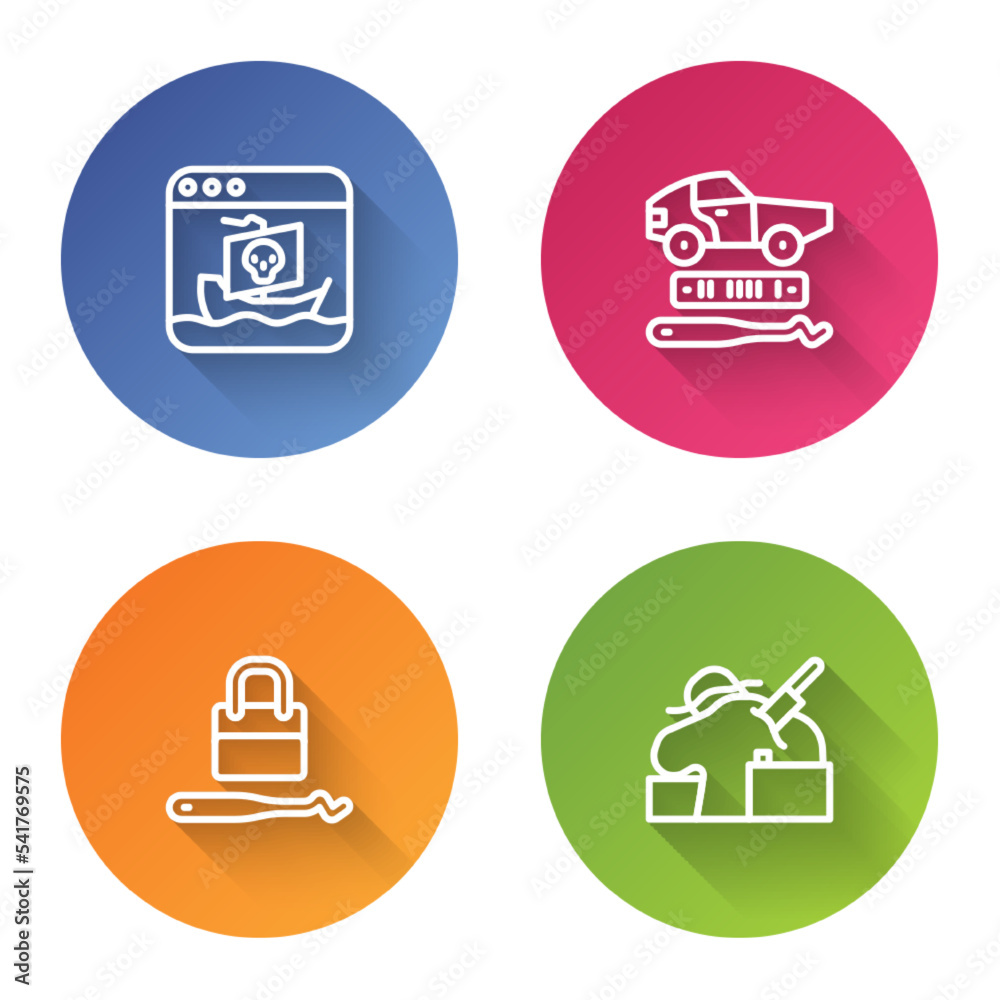 Set line Internet piracy, Car theft, Lock picks for lock picking and Murder. Color circle button. Vector Set line Internet piracy, Car theft, Lock picks for lock picking and Murder. Color circle button. Vector