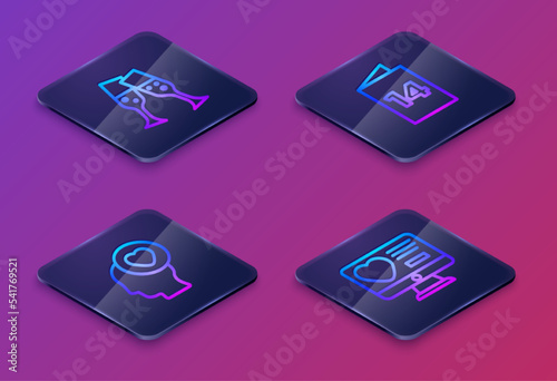 Wallpaper Mural Set Isometric line Glass of champagne, Head with heart, Greeting card and Dating app online. Blue square button. Vector Torontodigital.ca