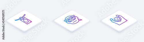 Set Isometric line Money laundering, Bandit and Thief surrendering hands up. White square button. Vector