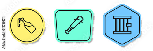 Set line Cocktail molotov, Baseball bat with nails and Prison window. Colored shapes. Vector