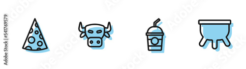 Set line Milkshake, Cheese, Cow head and Udder icon. Vector