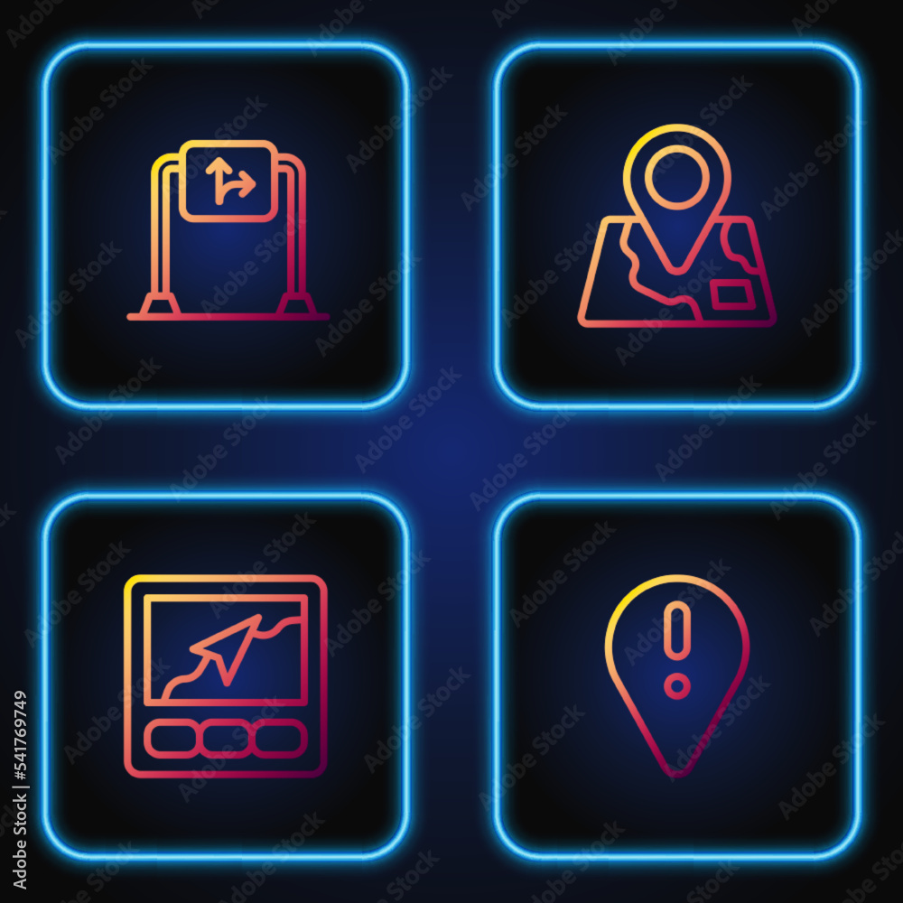 Set line Location with exclamation mark, Gps device map, Road traffic sign and Folded location marker. Gradient color icons. Vector