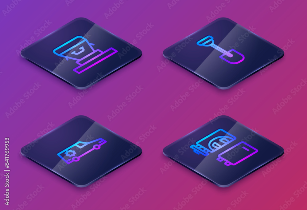 Set Isometric line Coffin, Hearse car, Shovel and Crematorium. Blue square button. Vector Set Isometric line Coffin, Hearse car, Shovel and Crematorium. Blue square button. Vector