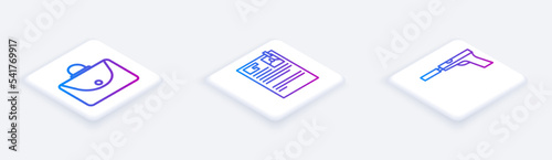 Set Isometric line Briefcase, Lawsuit paper and Pistol or gun with silencer. White square button. Vector