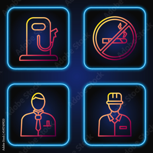 Set line Oilman, Businessman or stock market trader, Petrol or gas station and No Smoking. Gradient color icons. Vector