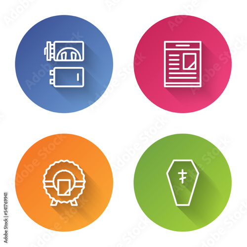 Set line Crematorium, Obituaries, Memorial wreath and Coffin with cross. Color circle button. Vector