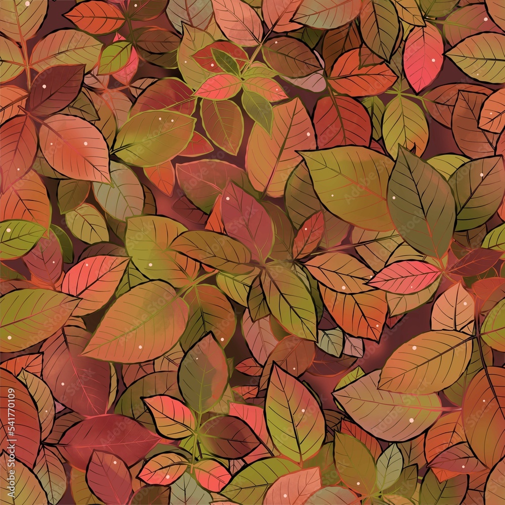 Seamless pattern. Autumn leaves of roses. Colorful beautiful realistic graphics. Burgundy pinks green tons. Digital paper. Surfaces design.
