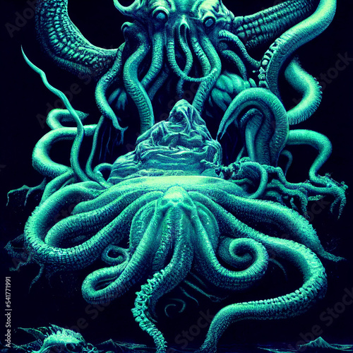 Monstrous creature with many tentacles sitting on a stone throne in the middle of the sea, made by AI