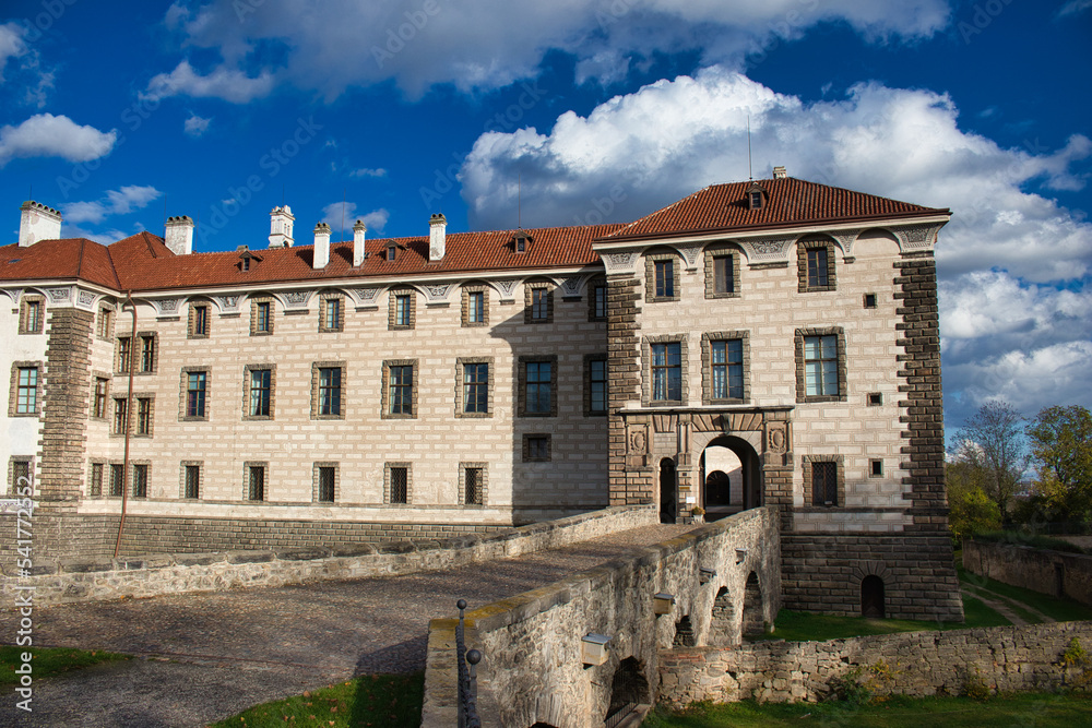 The Nelahozeves Chateau,  finest Renaissance castle, Czech Republic. Main gate with bridge.