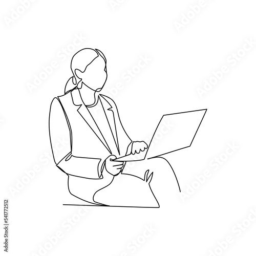 Vector illustration of a woman working on a laptop drawn in line-art style