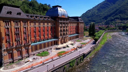 San Pellegrino scenic town located in Bergamo Alps in northern Italy, Aerial drone video. Popular resort famous for his mineral water ahd hit spring termal spa photo