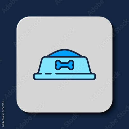 Filled outline Pet food bowl for cat or dog icon isolated on blue background. Dog bone sign. Vector