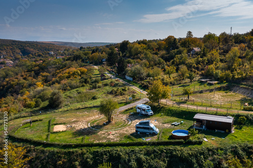 drone view of an idyllic campground in the Cherni Lom Valley near Koshov in Bulgaria photo