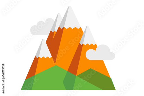 illustration représentant quatre pics montagneux enneigés avec en bas de la verdure et quelques nuages en dessin