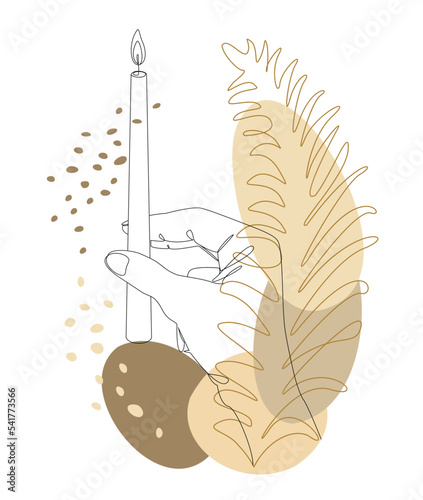 Silhouettes of human hands with a candle and plant leaves in a modern single line style. Continuous line drawing, home decor outline, posters, wall art, stickers, logo. Vector illustration.