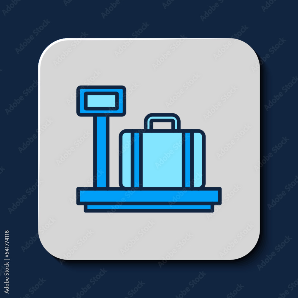 Filled outline Scale with suitcase icon isolated on blue background. Logistic and delivery. Weight of delivery package on a scale. Vector Filled outline Scale with suitcase icon isolated on blue background. Logistic and delivery. Weight of delivery package on a scale. Vector