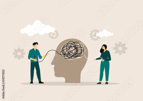 people solving psychological problems in tanged brain psychotherapy session treatment of stress addictions and mental problems concept. vector illustration.