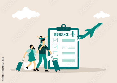 Traveling abroad concept. Visa application approving and insurance certificate processing, International vacation or emigration procedure. Flat vector illustration