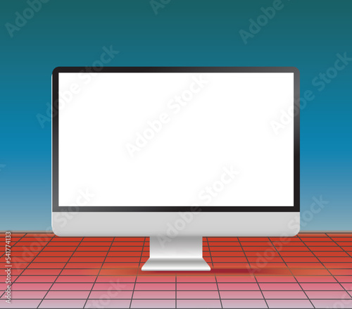 lcd monitor with empty screen standing on a cyberpunk perspective grid, vector mockup