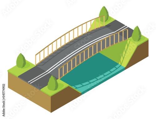 Bridge isometric. 3d isolated drawing element of modern urban infrastructure for games or applications. Bridge across the river with grass and tree, isometric icon. Element infographic
